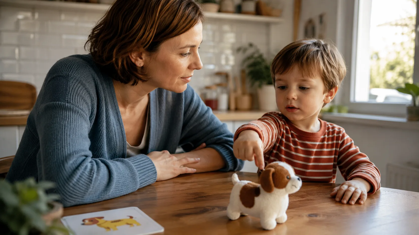 Mama siedzi z dwulatkiem przy stole i spokojnie obserwuje, jak dziecko wskazuje przedmiot zamiast mówić.