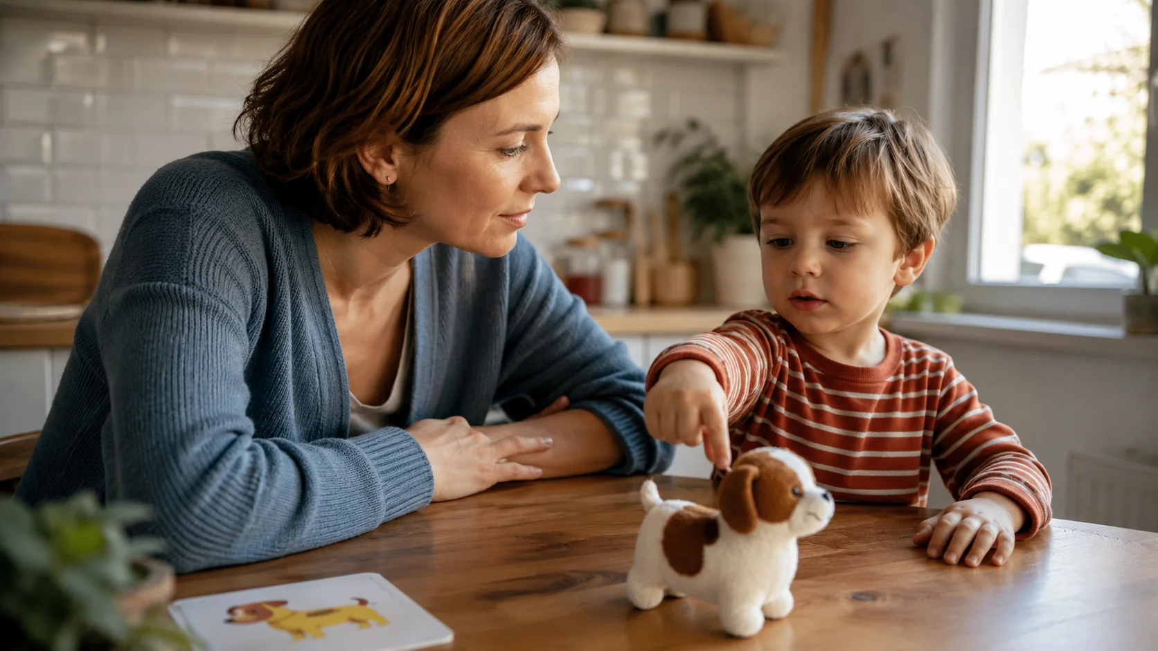 Mama siedzi z dwulatkiem przy stole i spokojnie obserwuje, jak dziecko wskazuje przedmiot zamiast mówić.